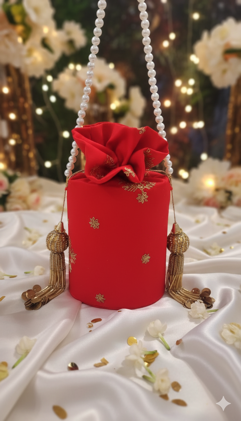 Luxury Red Bridal Potli Bag with Pearl Handle & Gold