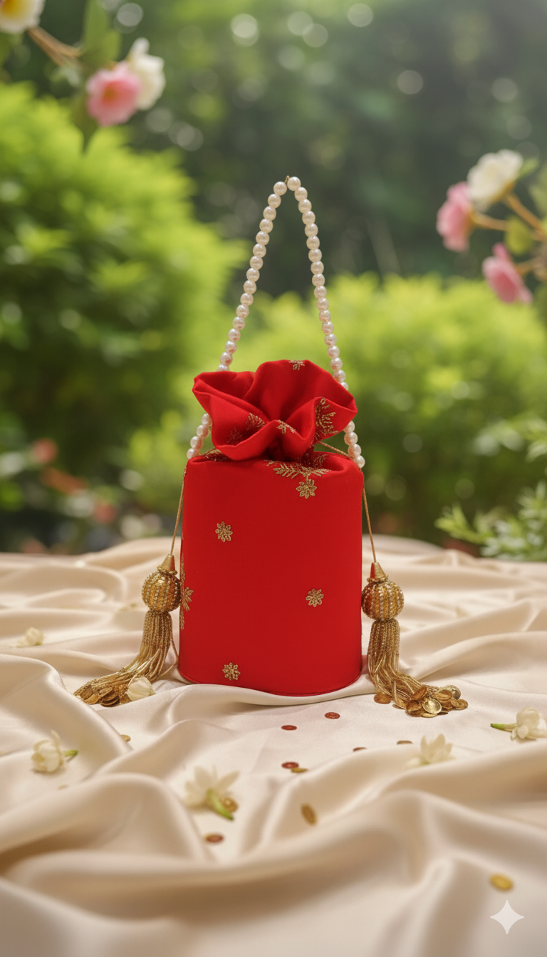 Luxury Red Bridal Potli Bag with Pearl Handle & Gold